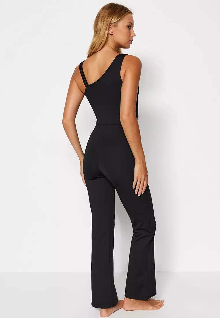 Black Ribbed Strappy Corset Wide Leg Jumpsuit