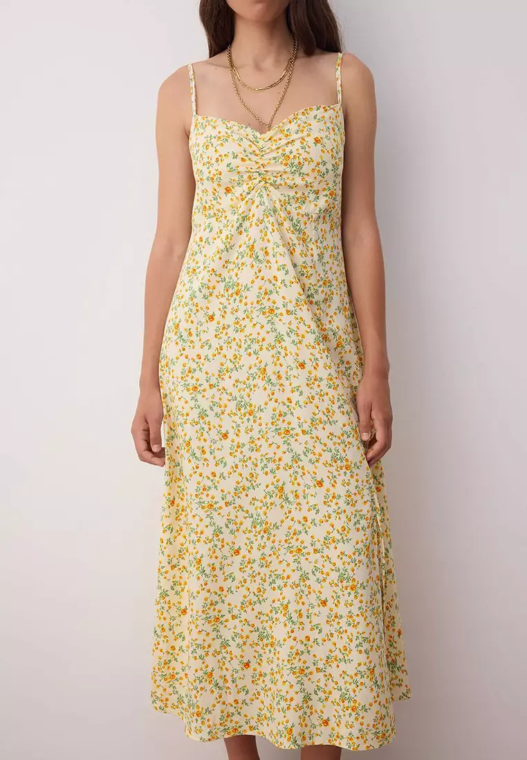 Yellow Floral Midi Woven Dress Tedss25El1