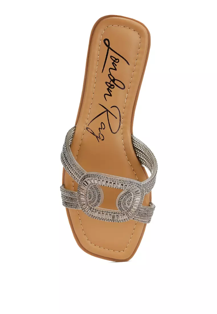 黑色水鑽裝飾平底涼鞋