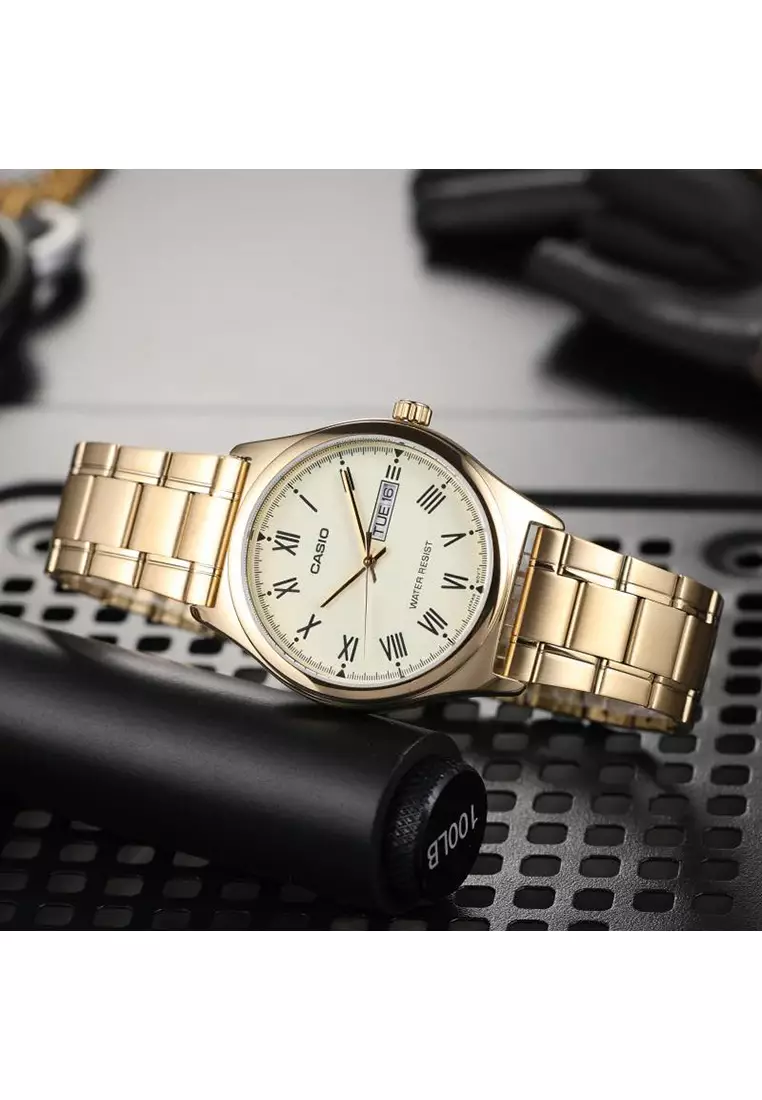 Men Analog Watch MTP-V006G-9B Gold Stainless Steel Strap