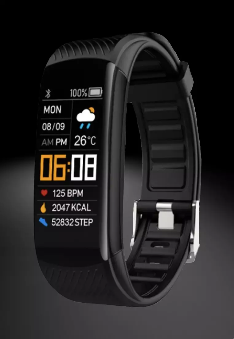 Unisex IOS/Android IP Black Waterproof Fitness SmartWatch, Heart Rate Monitoring, Weather, Clock, with Black Rubber Strap