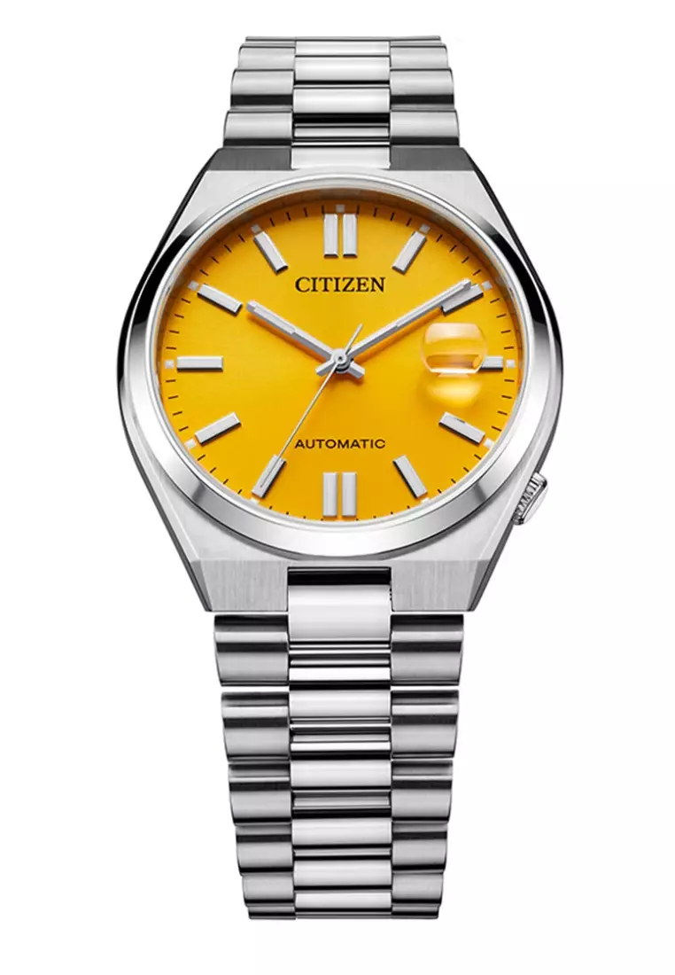 Citizen 西鉄城 TSUYOSA 系列黃色錶盤不銹鋼錶帶自動機械商務男士腕錶 NJ0150-81Z