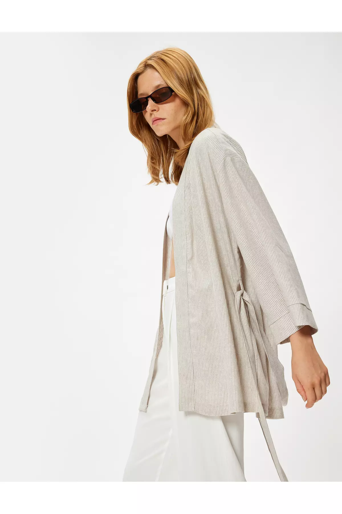 Oversize Linen Kimono Wide Long Sleeve and Belt Detail