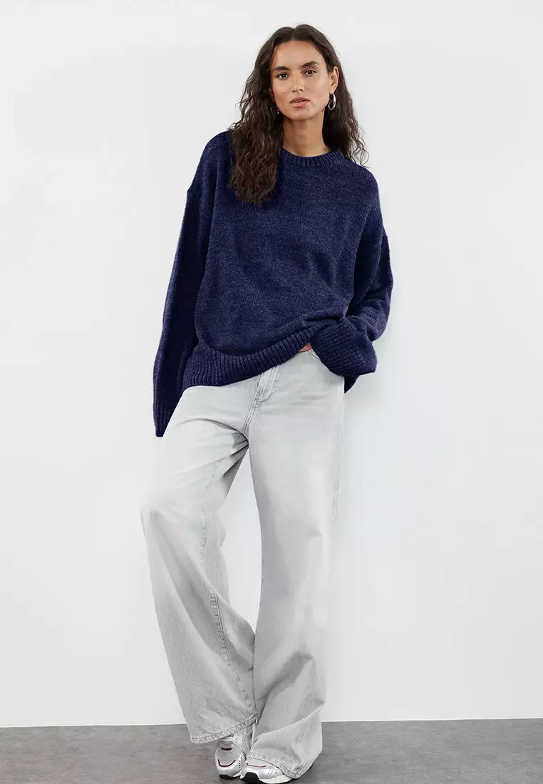 Navy Blue Wide Fit Soft Textured Knitwear Sweater
