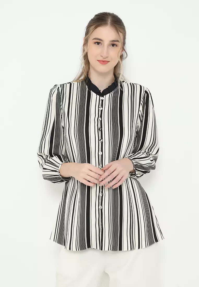 Shirt Satin Stripe Long Sleeve Ruffle Neck Arlette By Brilliant Girl Warna Putih