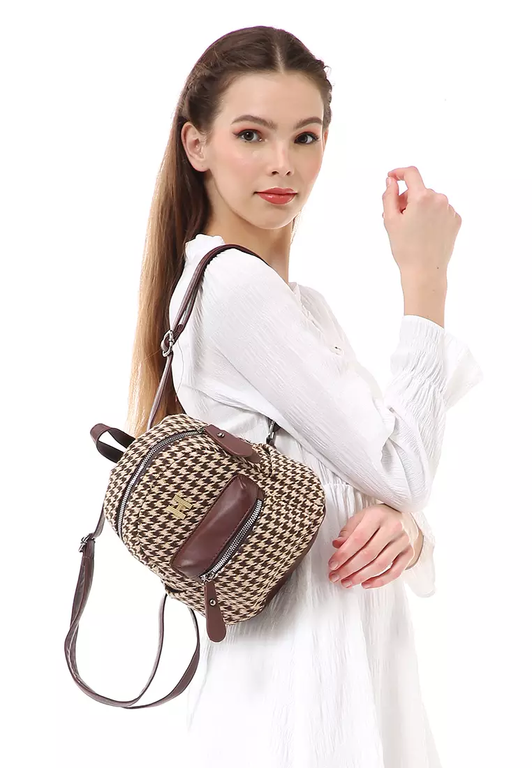 Afra Tas Ransel Mini Wanita Backpack Desain Unik Material Kain ORIGINAL - Brown Coffee