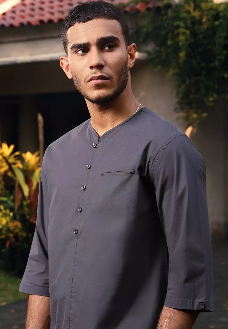 OXCON kemeja Vneck Henley Collarless shirt Dark Grey