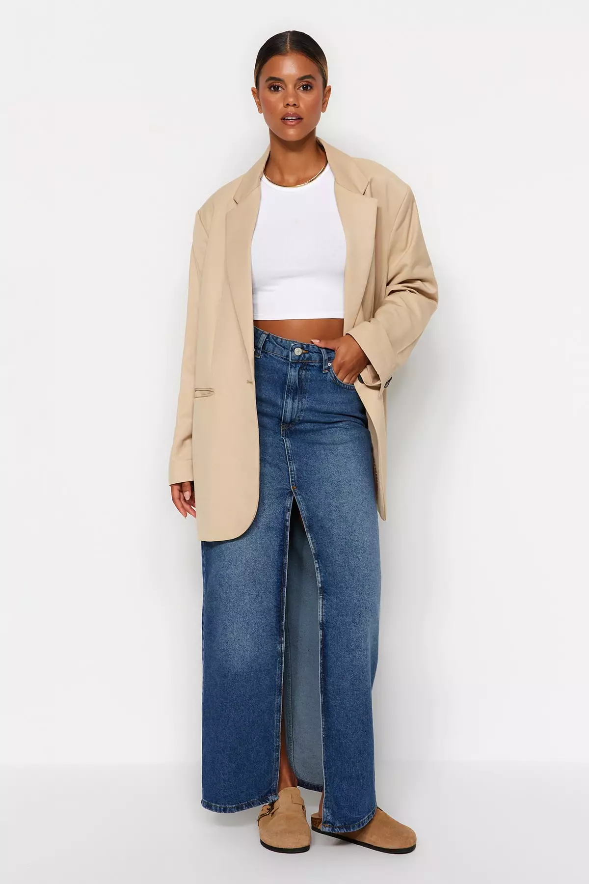 Slit Denim Maxi Skirt