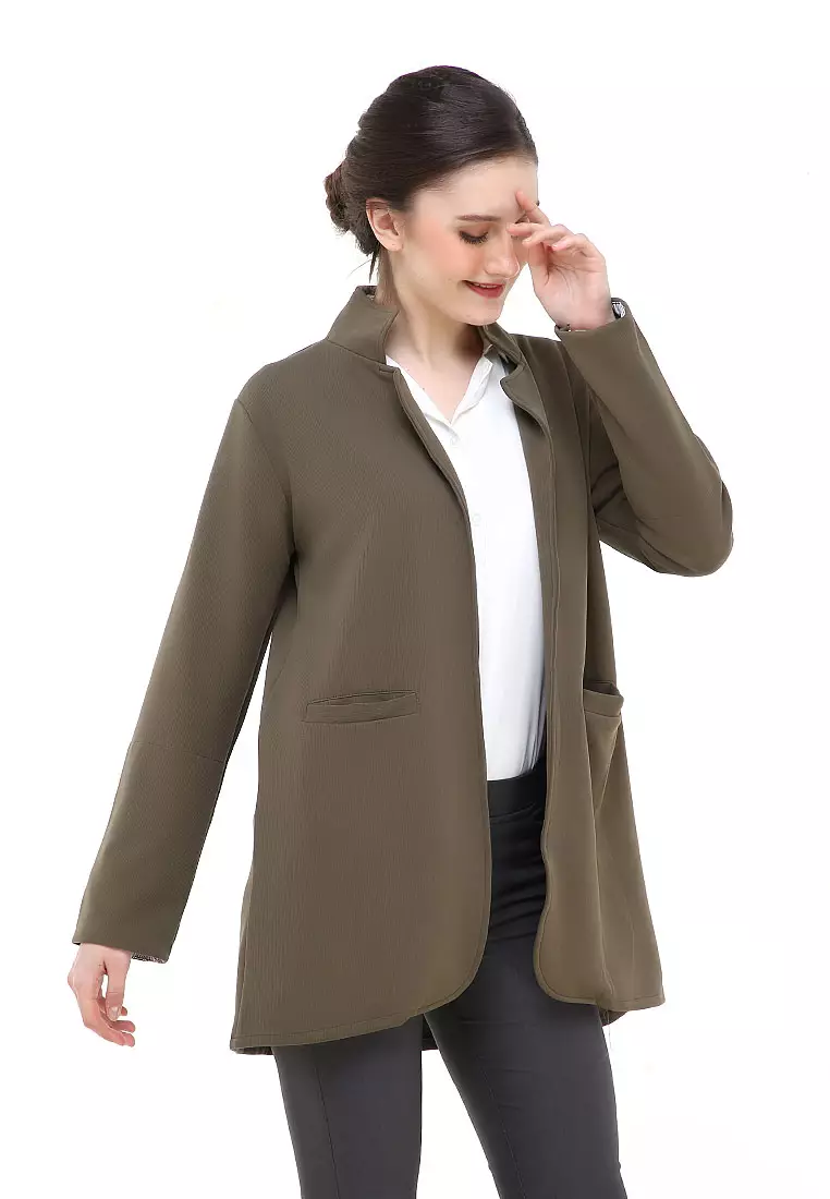 Qemsya Blazer Wanita Two Pockets Two Tone Casual Longsleeve Outer Material Bubbly Strecth ORIGINAL - Army