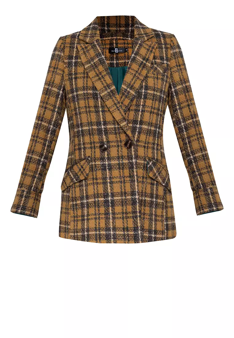 Contrast Cuff Woolen Plaid Blazer