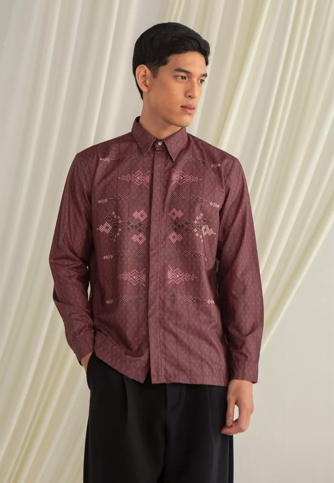HijabChic Malik Koko Maroon - Baju Lebaran Pria Koko Motif Geometris