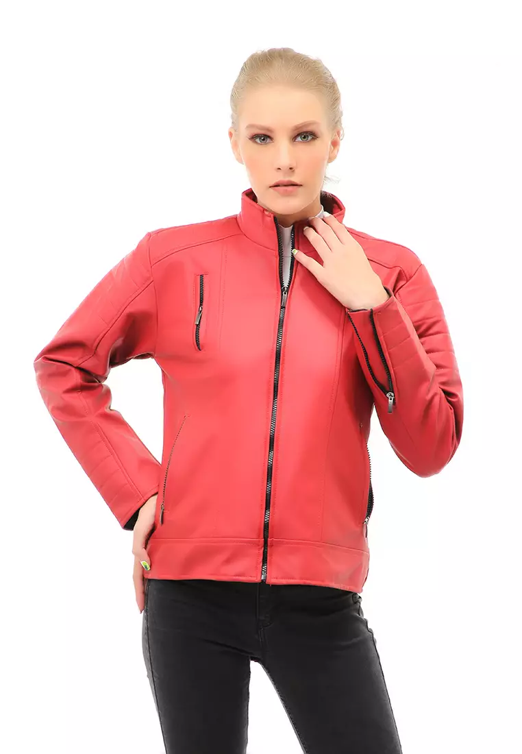 Glenice Jacket Outer Wanita Jaket Kulit Casual Simple Design Material Leather ORIGINAL - Red
