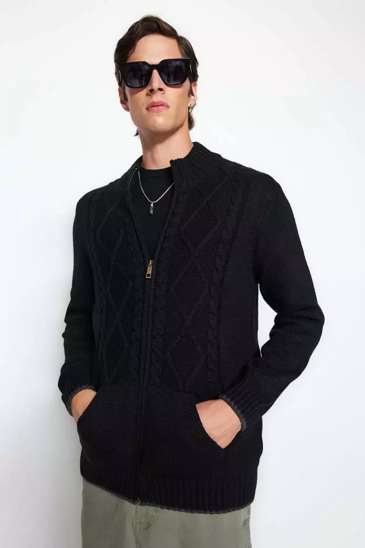 Trendyol Black Men s Slim Fit Knitted Detail Zippered Pocket