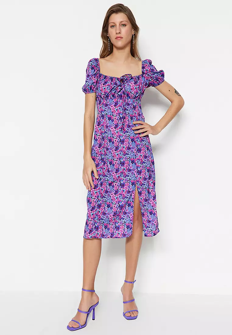 Pure Cotton Ditsy Floral Midi Waisted Dress