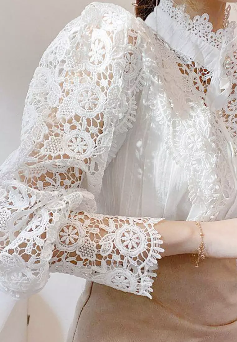 VANSA Lace Cutout Long Sleeve Shirt VCW-Bs1880