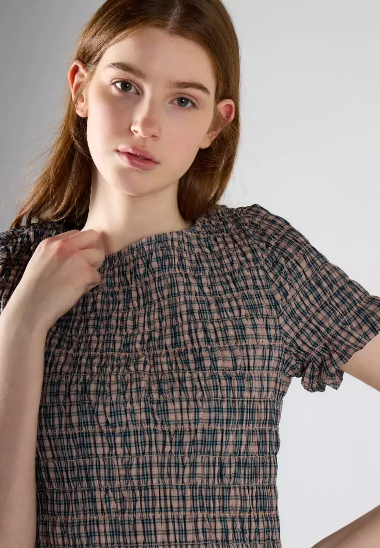 Gingham Smocked Fluted-Sleeve Top
