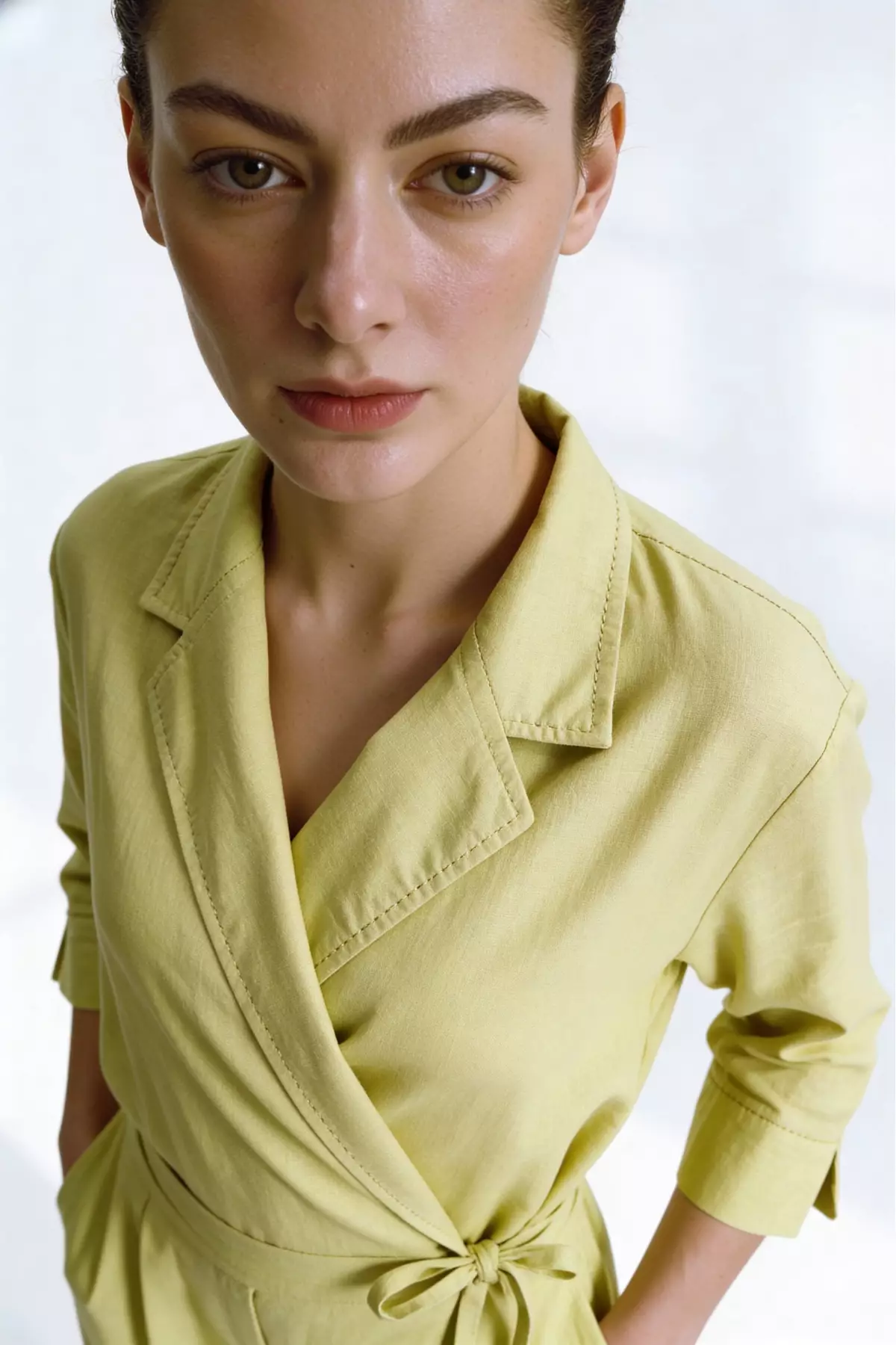 Essentials Linen Travel Set - Kimono Blazer Shirt with Straight Pants Olive Green (One Set Shirt & Pants)