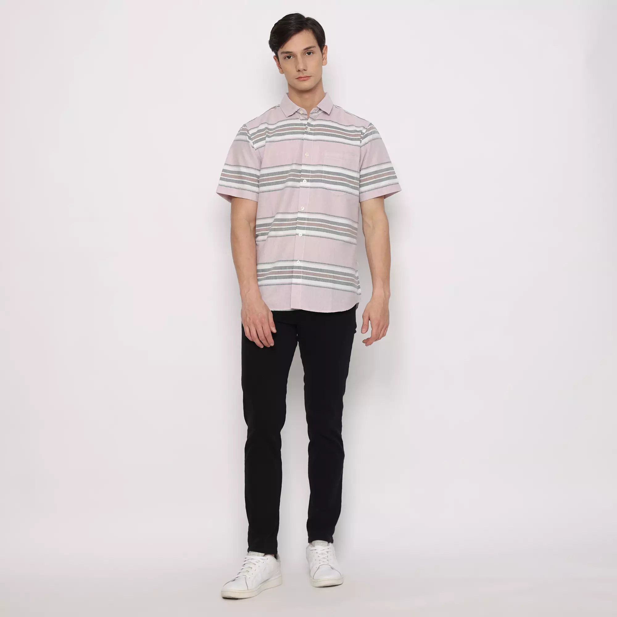 Platini Kemeja Motif Salur Pria Lengan Pendek Katun Ungu 73435