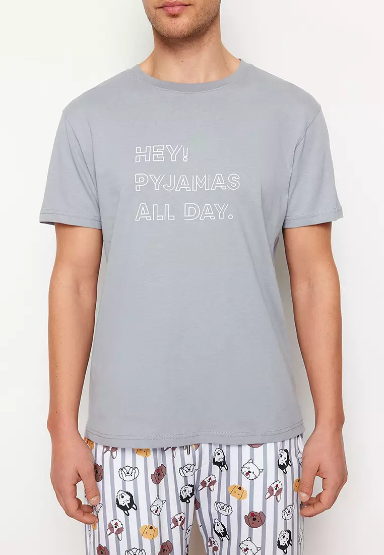 Gray Regular Fit Printed Knitted Shorts Pajamas Set TMNSS23PT00000