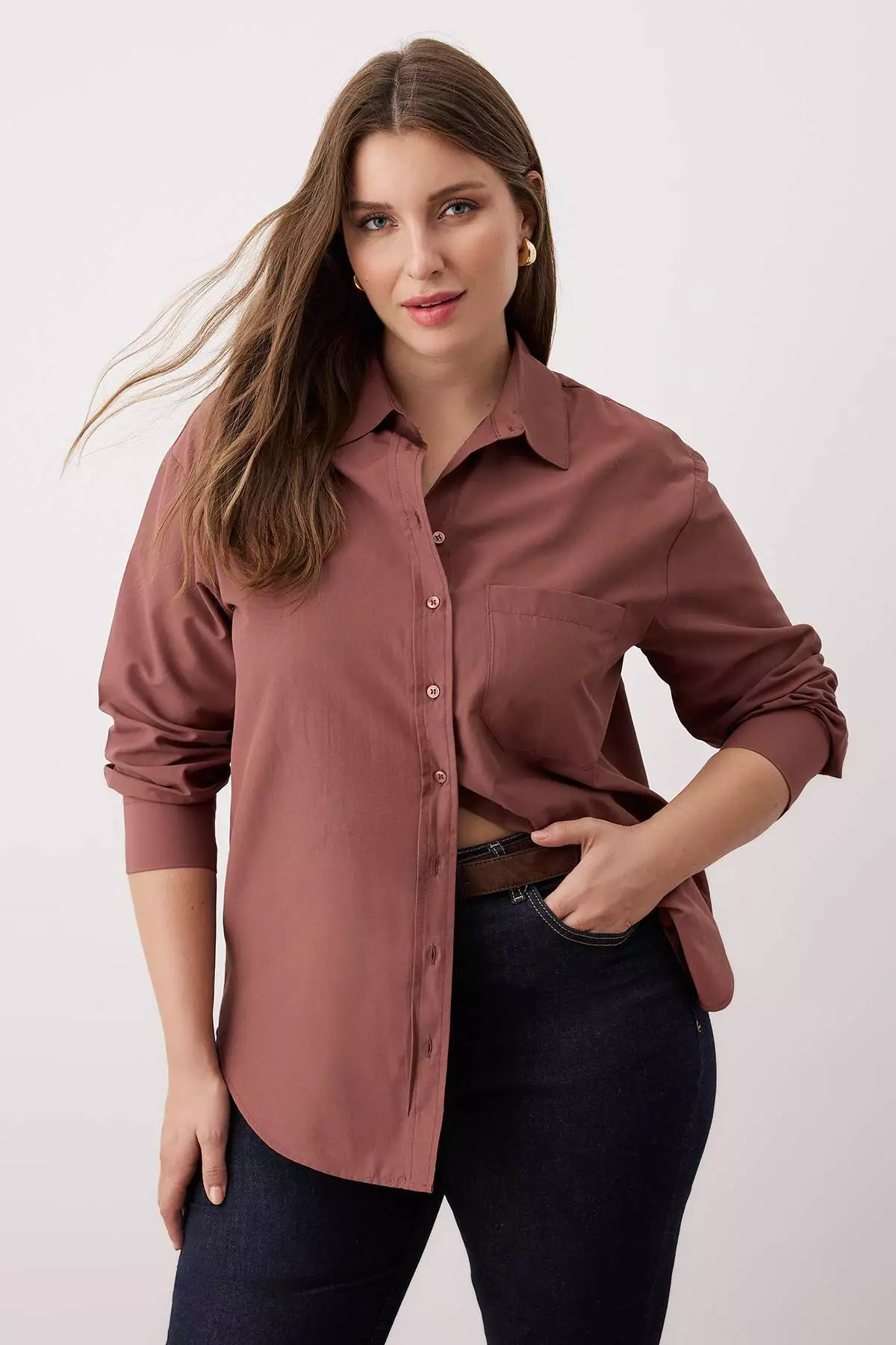 Brown Loose Fit Cotton Long Sleeve Plus Size Woven Shirt