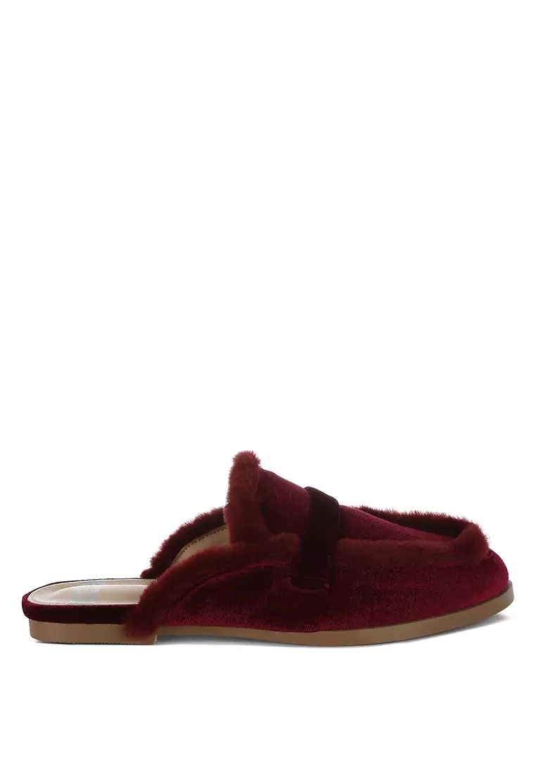 Fur Detail Velvet Slip-On Mules in Burgundy
