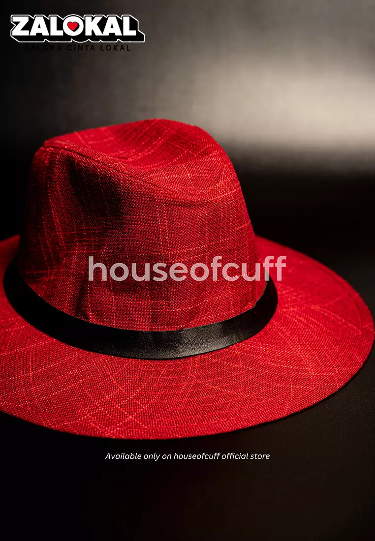 Houseofcuf Topi Panama Hat Fedora Pantai Lebar Unisex Merah List Hitam