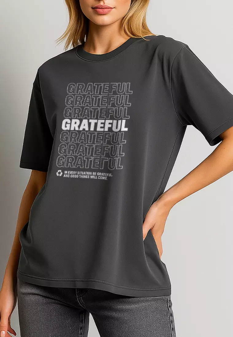 LTH13 kaos oversize wanita dark grey efek washing "grateful"