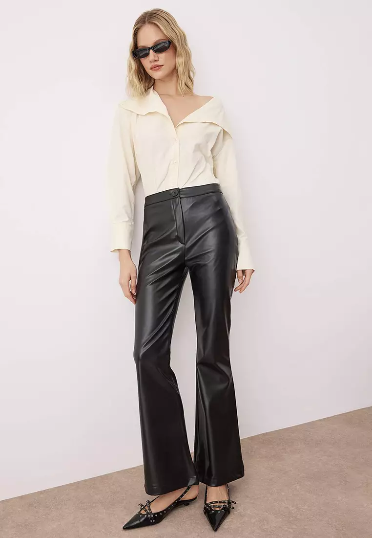 Black Faux Leather Flare Pants