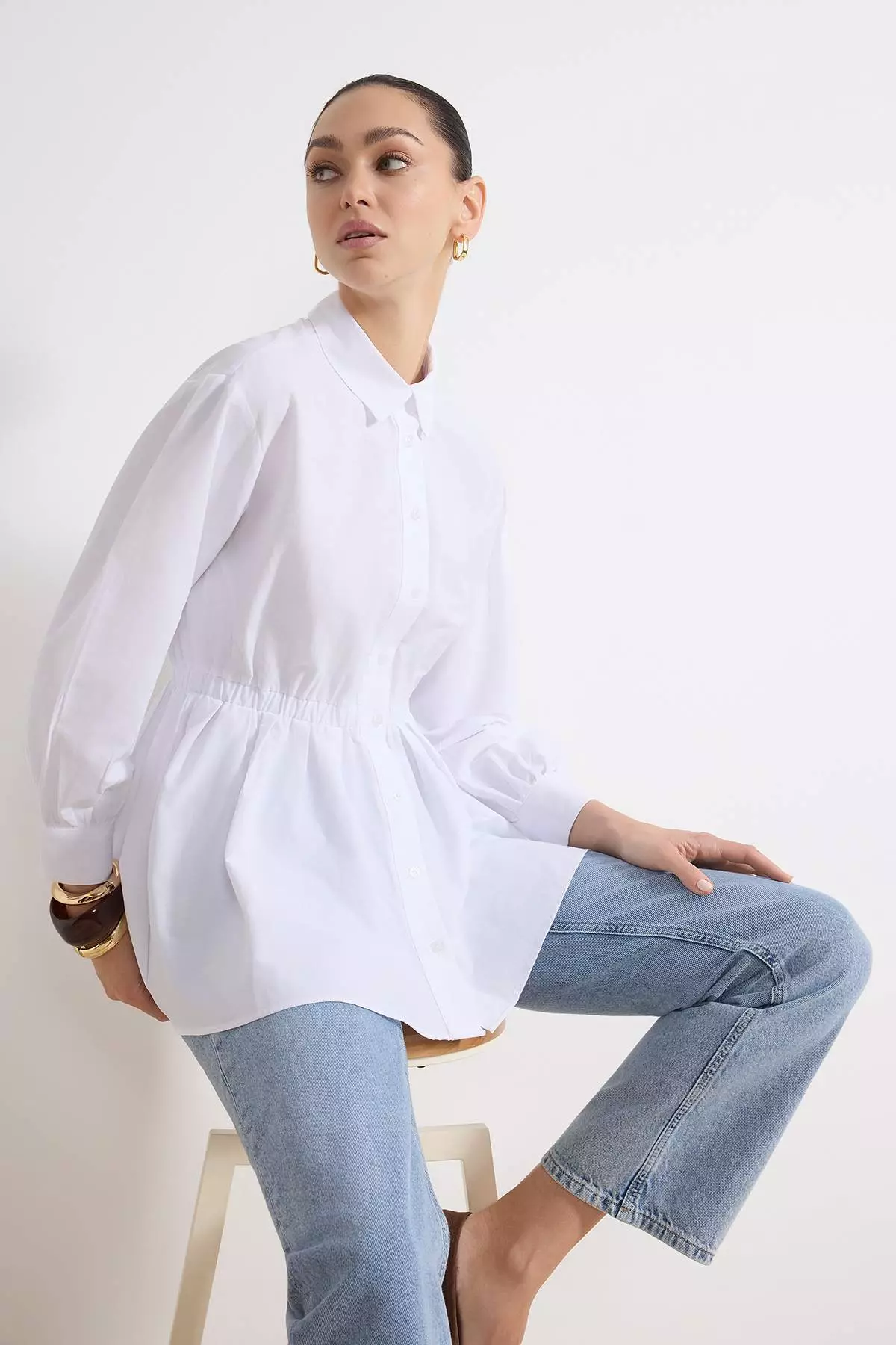 White Fitted Shirt With Elastic Detail At The Waist, Pack Of Cotton Fitted Shirts Tctss26Tg00001