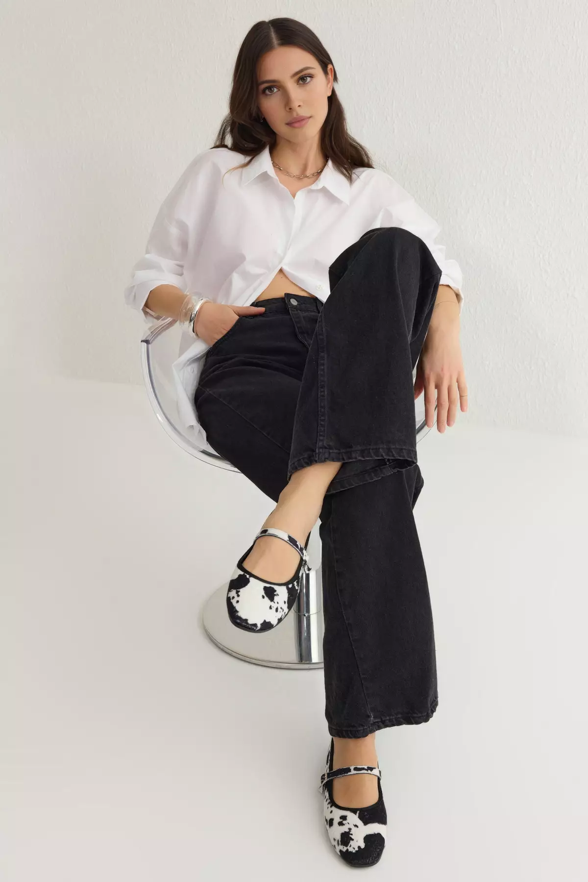 Black Cow Patterned Almond Toe Mary Jane Women's Ballerinas Takss25Be00010