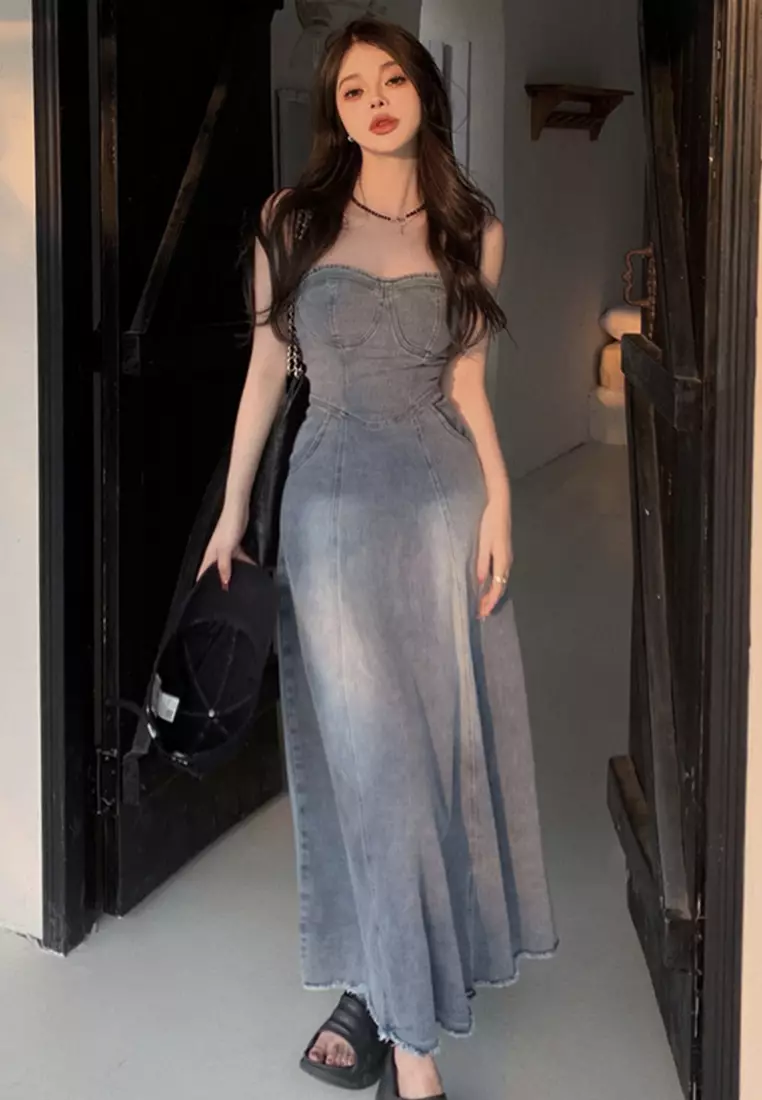 2025 S/S Sexy Slim High Waist Slim Retro Blue Tube Top Denim A-Line Long Dress CA23032137
