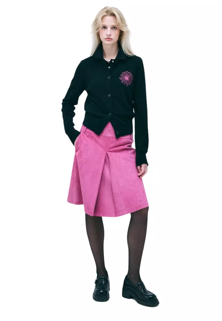 Raccoon Blended Cardigan Round Neck - Black Fuchsia