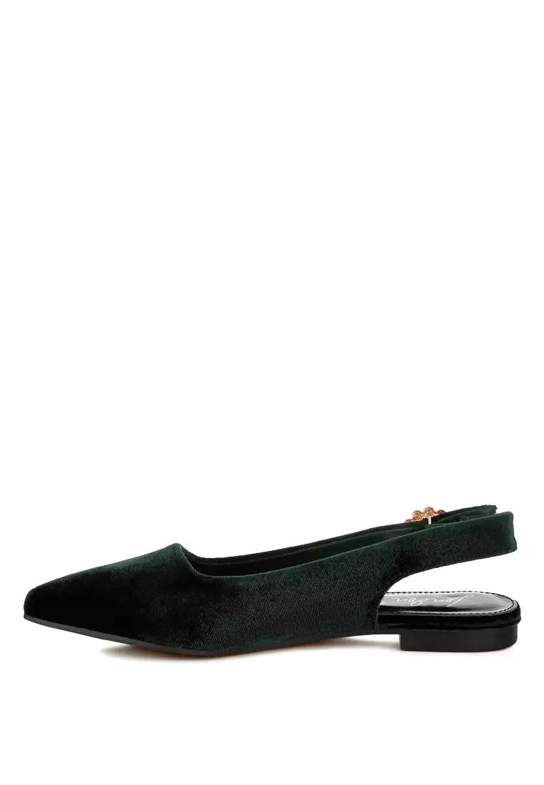 Velvet Slingback Flat Sandals in Green