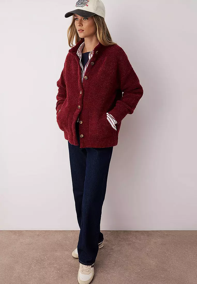 Boucle/Textured Yarn Wide Pattern Coat-Look Knitwear Cardigan
