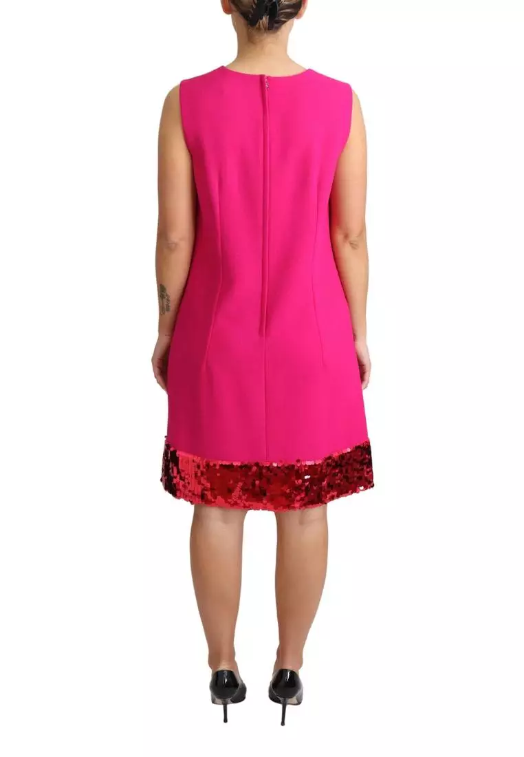 Dolce & Gabbana Fuchsia Wool Sequin Shift Sleeveless Dress