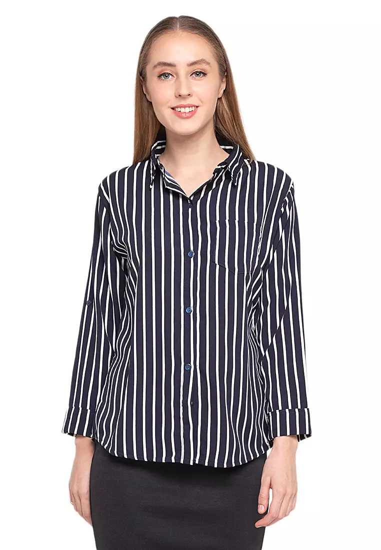 Anne Kemeja Long Sleeve Motif Stripe Atasan Wanita Casual - Navy