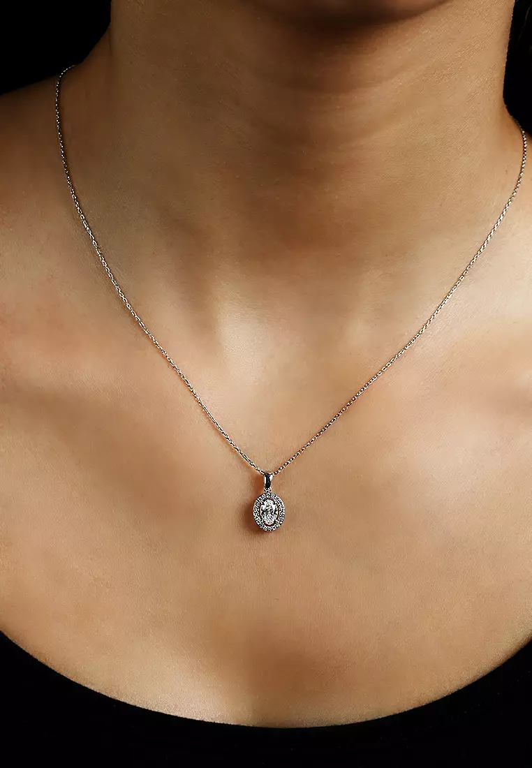 Classic Oval Halo Lab Grown Diamond Pendant Necklace in 18K White Gold