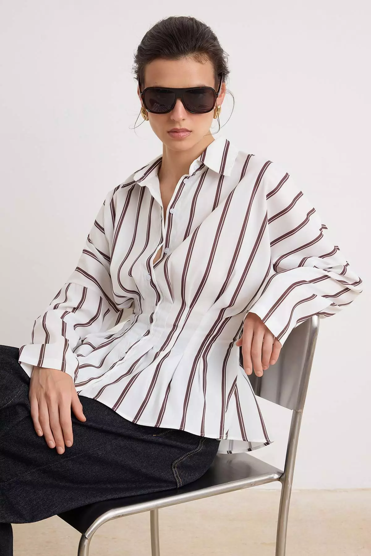 Ecru Brown Striped Lycra Waist-Fitted Shirt Twoaw26Go00113