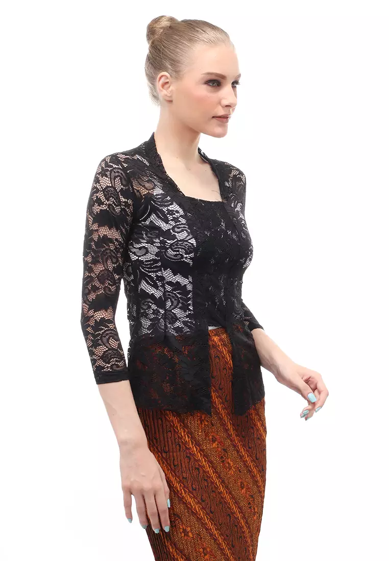 Hara Kebaya Seri 1 Motif Brokat Long Sleeves Atasan Wanita Transparan Premium Quality - Hitam