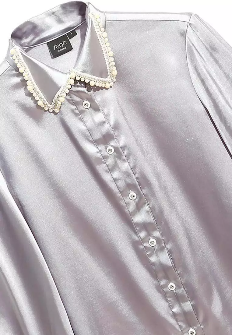 Grey Satin Blouse With Pearl Collar Detail