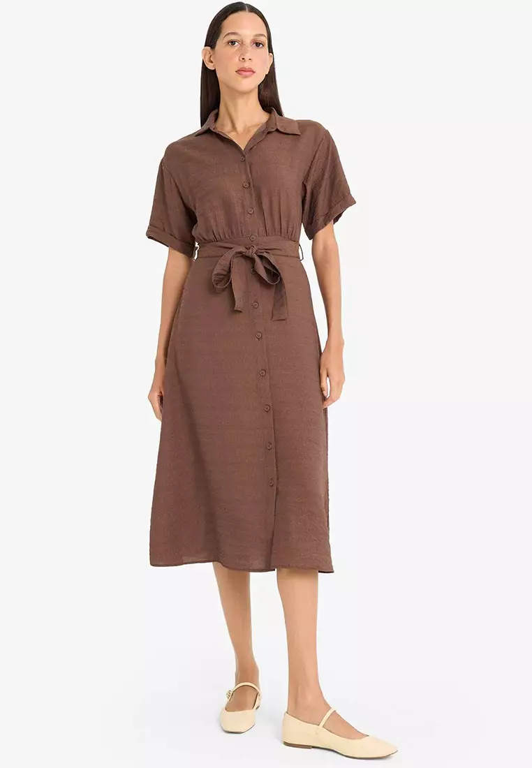 Shirt Collar Belted Short Sleeve Red Midi Summer Dress F2113Ax25Sm