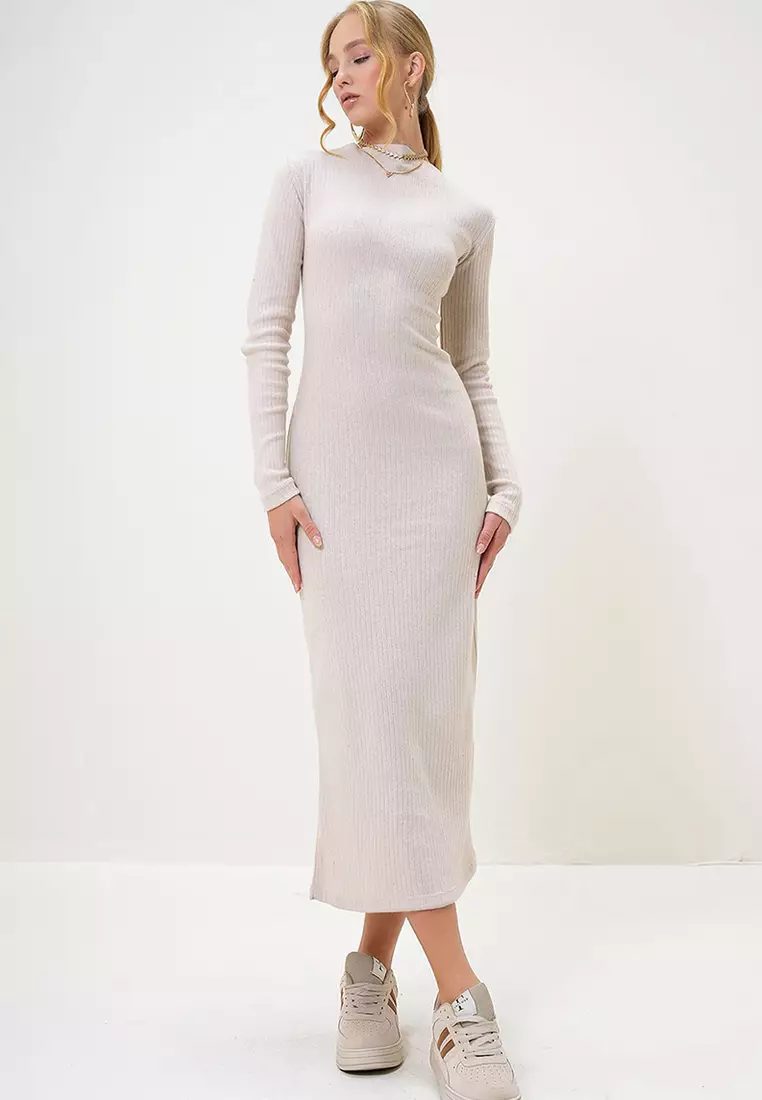 Crew Neck Long Sleeve Interlock Fabric Midi Length Dress
