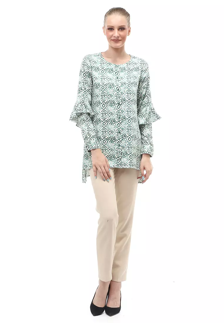 Blouse Motif Batik Lengan Ruffle Design Casual Atasan Wanita - Green