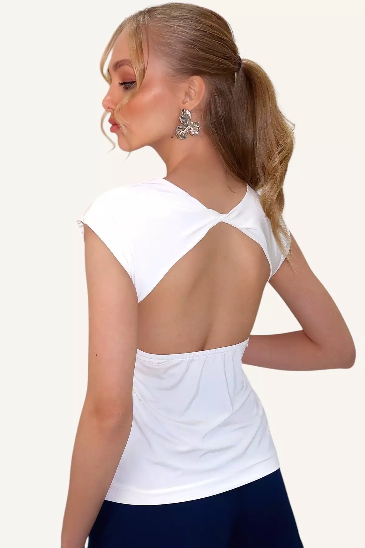 Women's White Crew Neck Back Low-Cut Drawstring Sandy Blouse