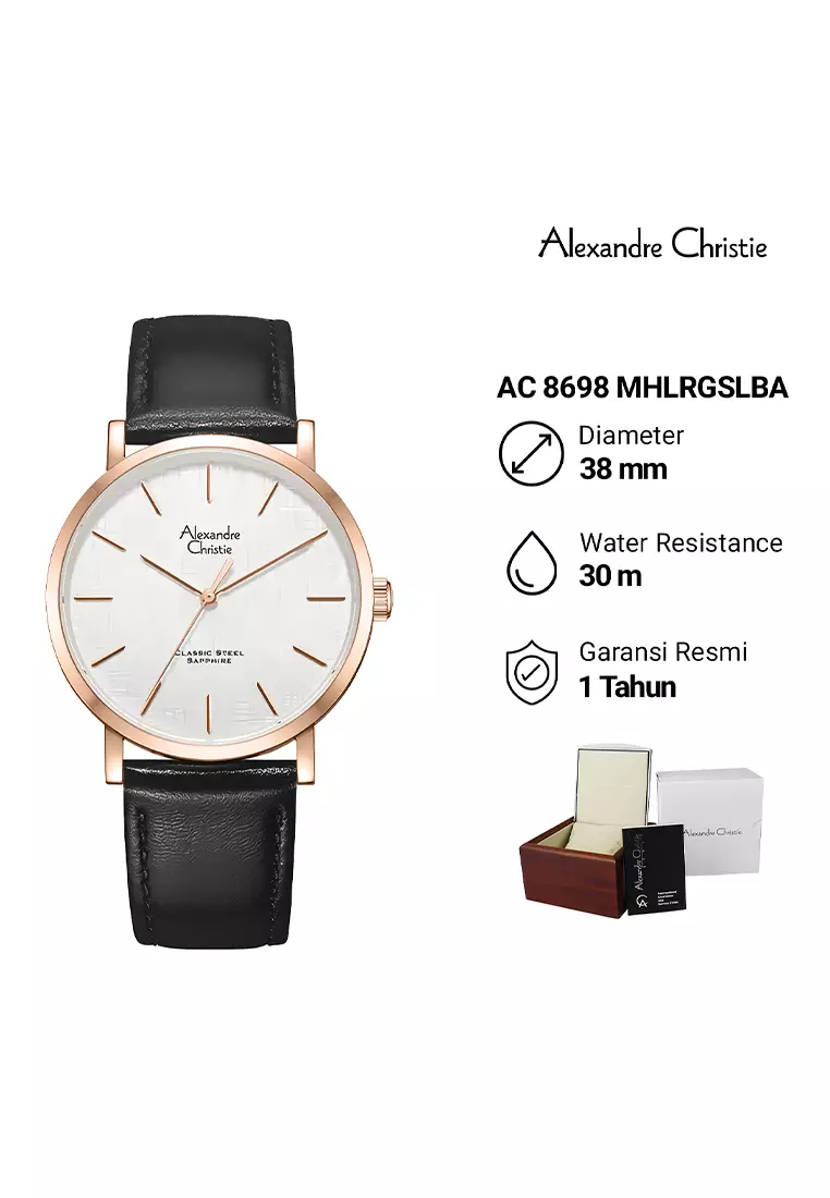 Alexandre Christie Sapphire - Jam Tangan Analog Pria - Rosegold Case Black Leather Strap - 8698 MHLRGSLBA
