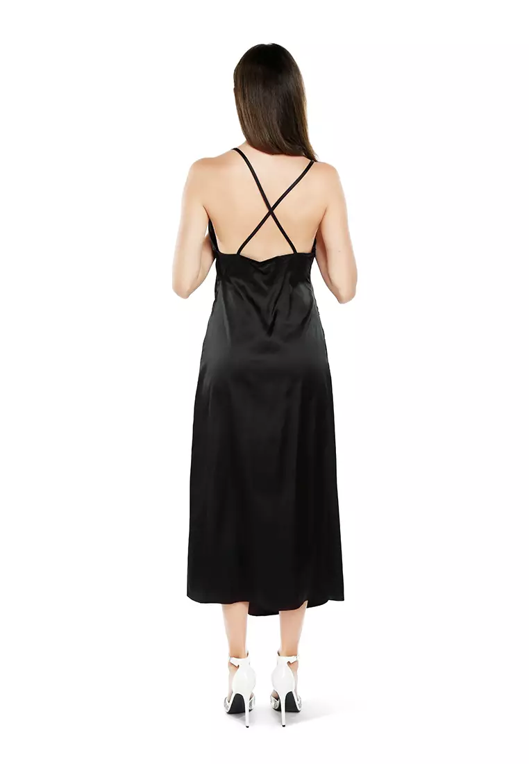 Dress Slip Celah Detail Ruched Hitam