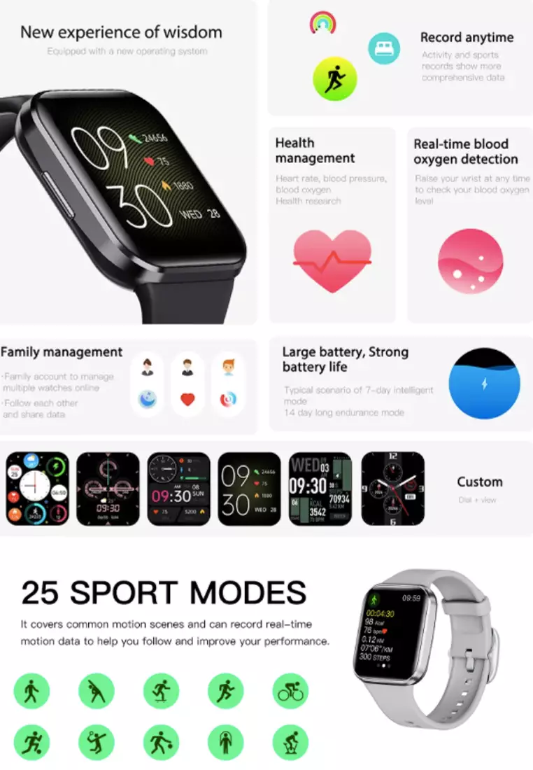 His and Hers - 2 IOS/Android IP Black & Pink Smart Watches with Rubber Strap