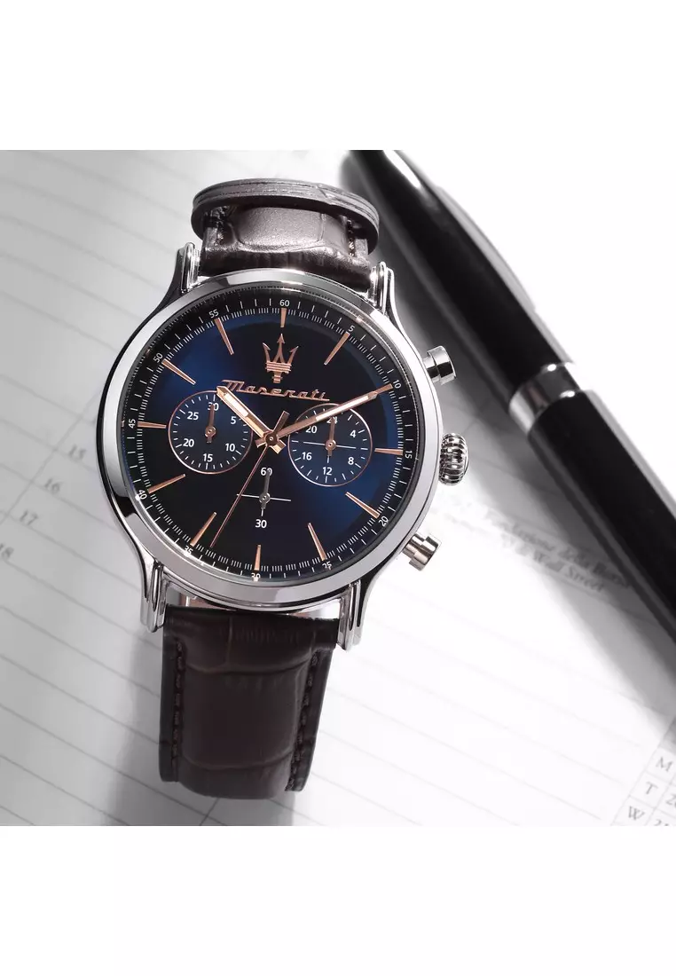 【2 Years Warranty】Maserati Epoca 42mm Blue Dial Brown Leather Chronograph Men's Quartz Watch R8871618014 With Luminous Hands