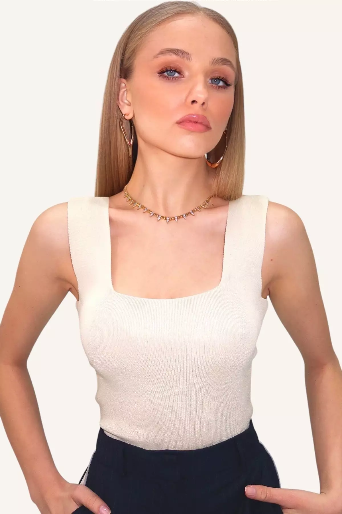 Women's Beige Square Neck Slim Mercerized Blouse