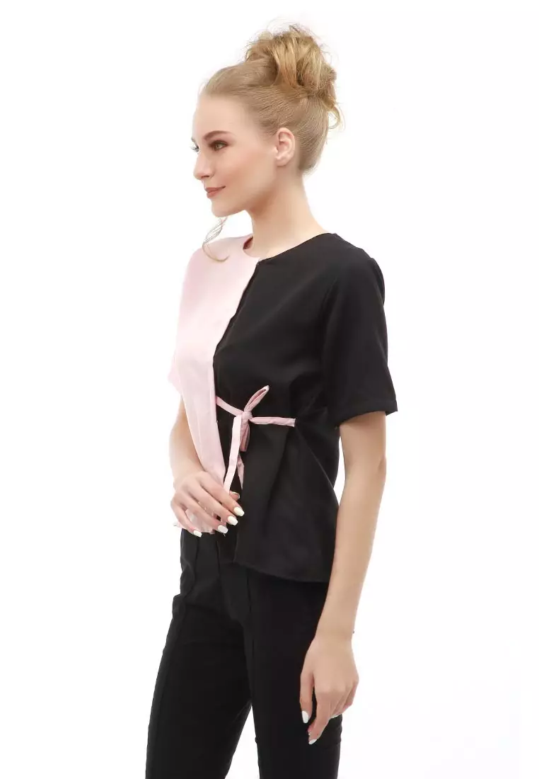 Cheva Blouse Atasan Wanita Kasual Zigzag Tali Ikat Samping Kombinasi 2 Warna Material Moscrepe ORIGINAL - Black Peach